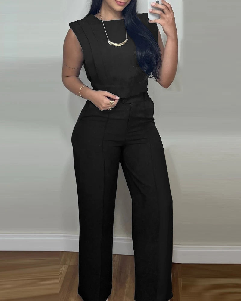 2025 Spring 2 Pieces Round Neck Cap Sleeve Crop Top and Casual Pocket Design Straight Pants Set