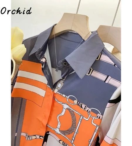 Luxury Brand Design  Silk Orange Grey 2025 Summer Long Sleeves Shirt For Women