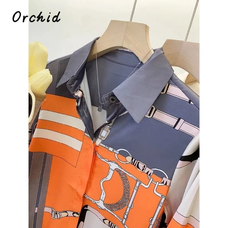 Luxury Brand Design  Silk Orange Grey 2025 Summer Long Sleeves Shirt For Women