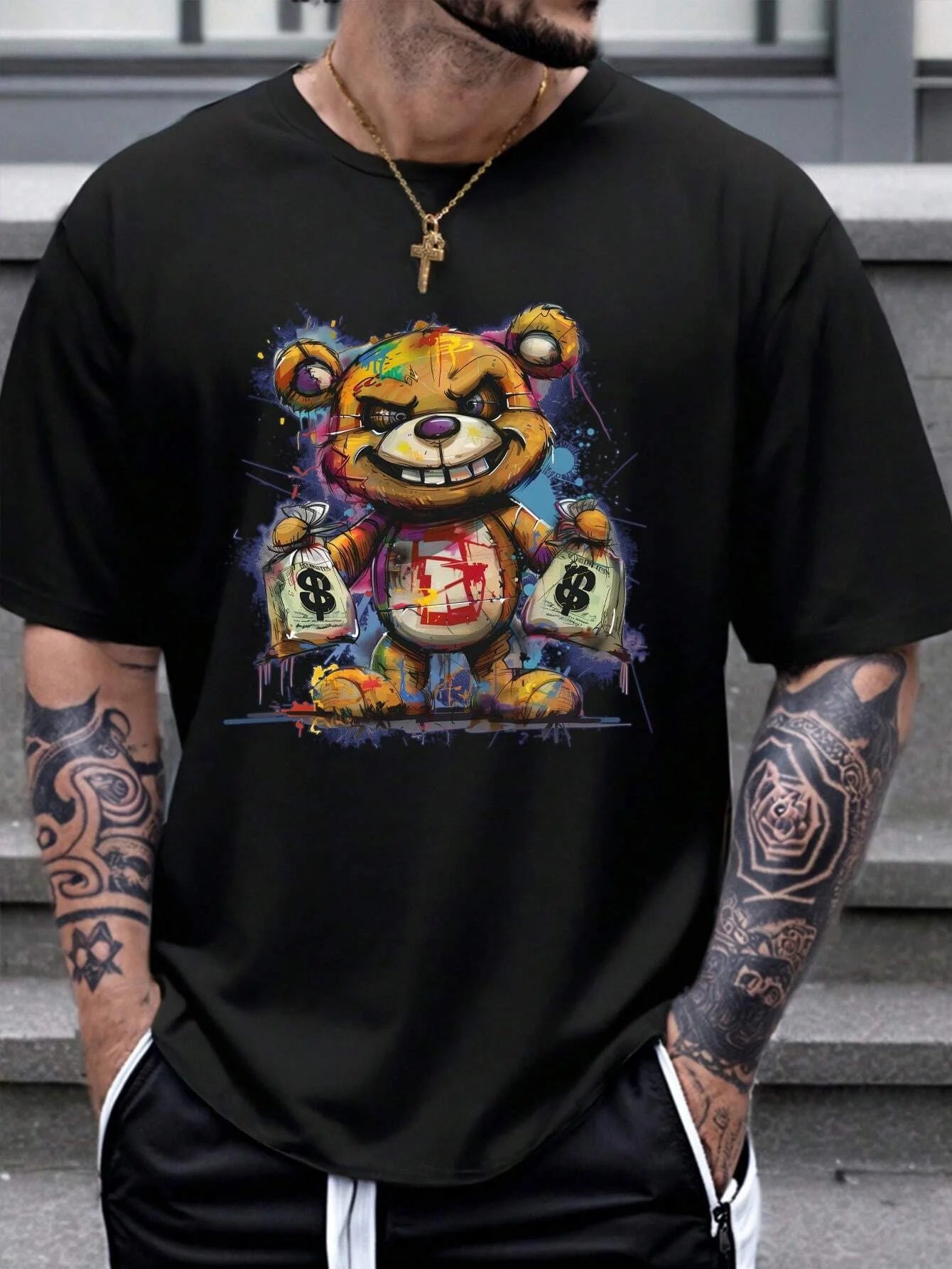 Men's 100% cotton summer loose size Cartoon Bear Pattern printed