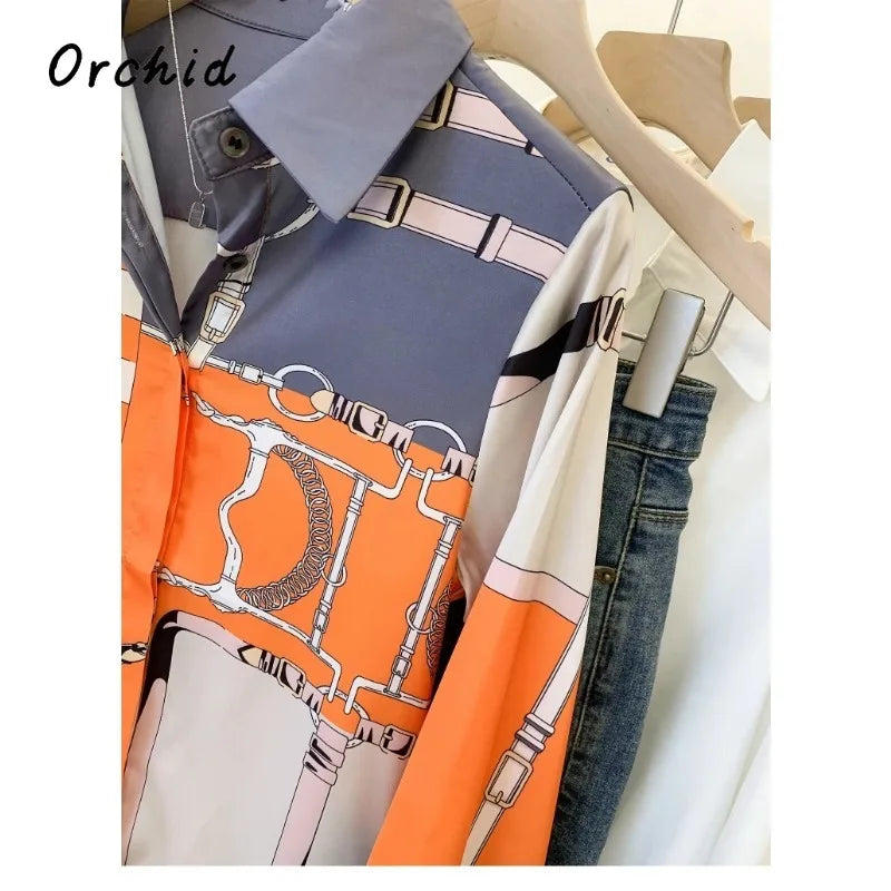 Luxury Brand Design  Silk Orange Grey 2025 Summer Long Sleeves Shirt For Women