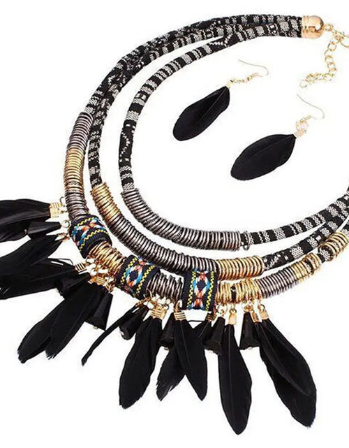 Load image into Gallery viewer, Fashion Vintage Ethnic Feather Choker Necklace Earrings Set For Women Multilayer
