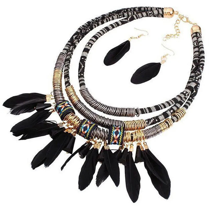 Fashion Vintage Ethnic Feather Choker Necklace Earrings Set For Women Multilayer