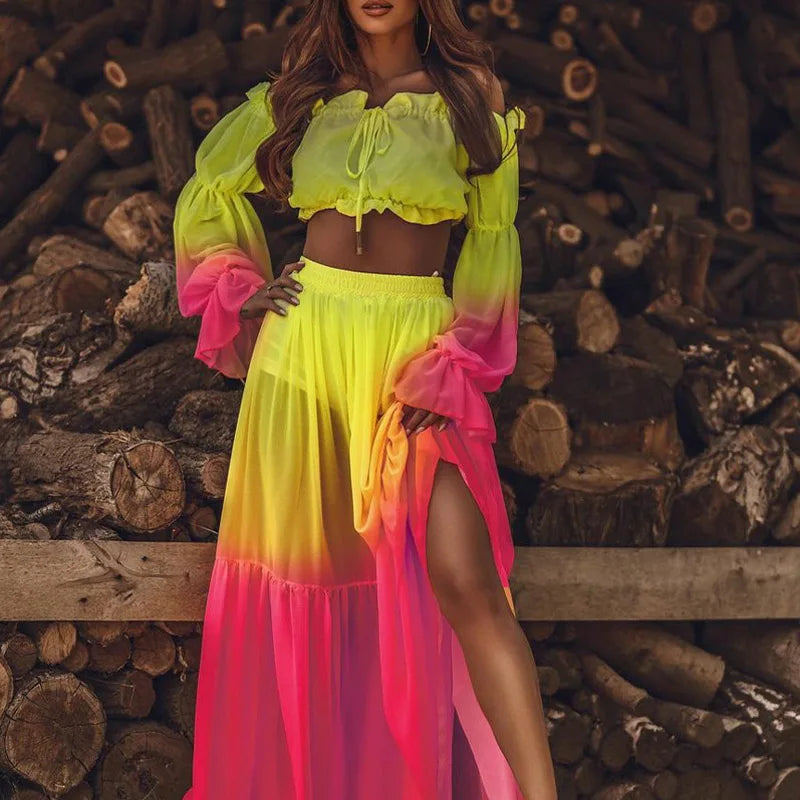 Vibrant Colors Chic Sexy Off Shoulder Ruffle Blouse and Slit Long Skirt for Women
