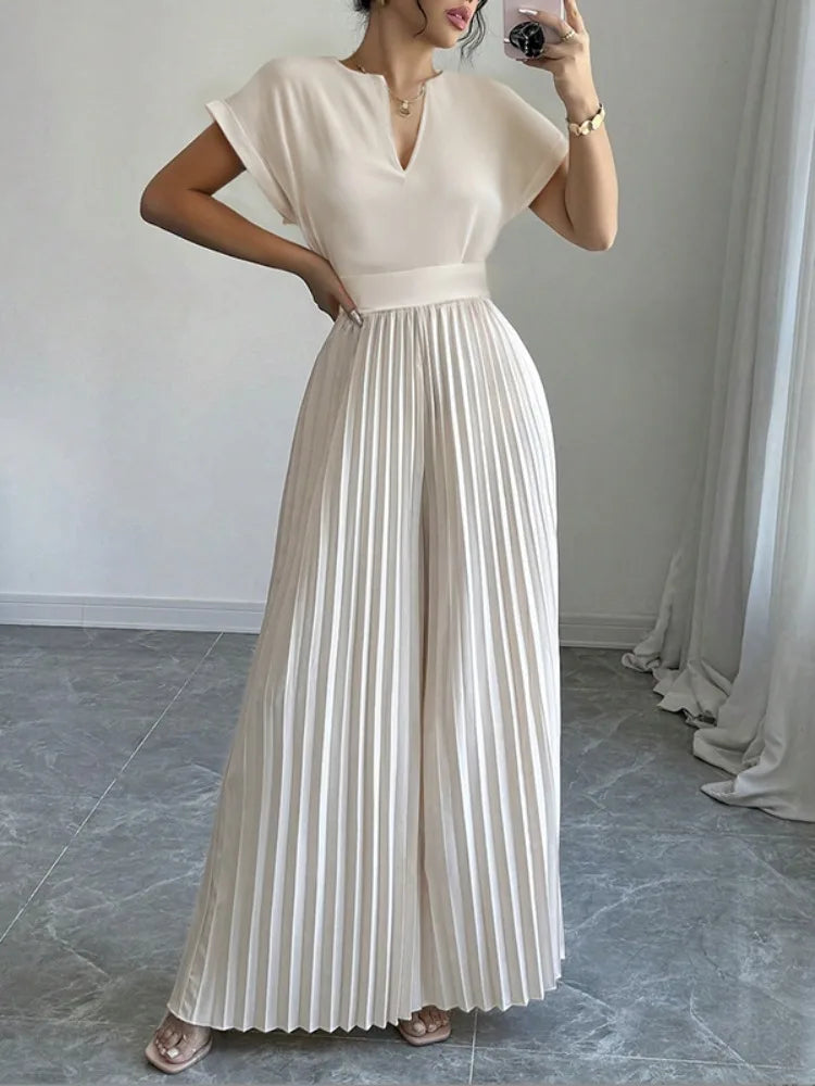 Jumpsuit Woman Pleated Jumpsuits New Casual V-Neck Loose Split-Joint Elegant One Pieces Pants Suit
