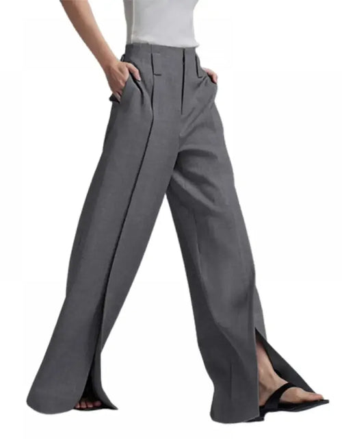 Load image into Gallery viewer, Urban Female Suit Pants Fashion Black White Color Loose Straight Pant High-Waisted Pleated Split-Front Trousers
