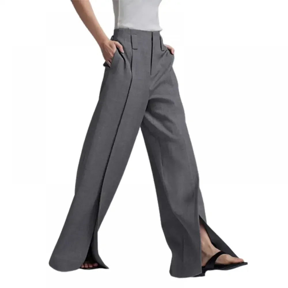 Urban Female Suit Pants Fashion Black White Color Loose Straight Pant High-Waisted Pleated Split-Front Trousers