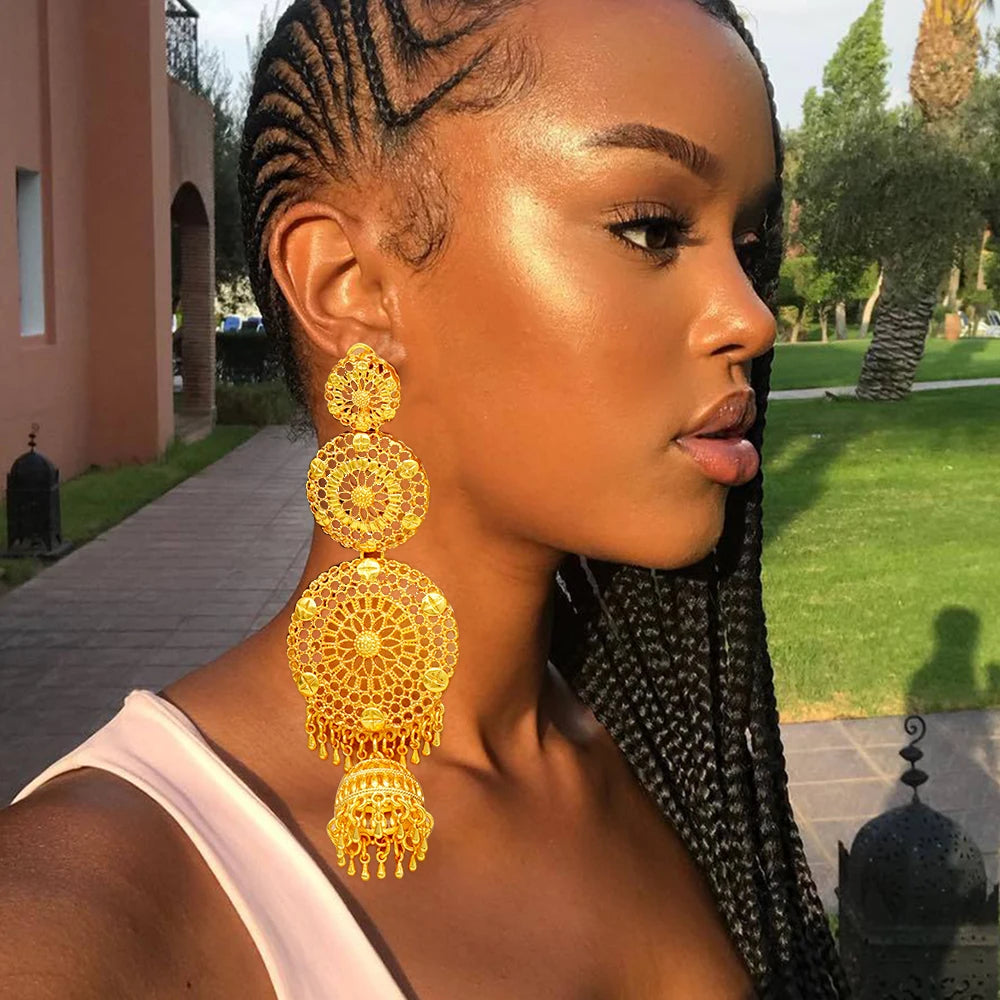 African Women Long Drop Earrings Dangle Gold Color