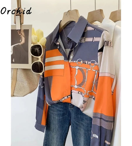 Luxury Brand Design  Silk Orange Grey 2025 Summer Long Sleeves Shirt For Women