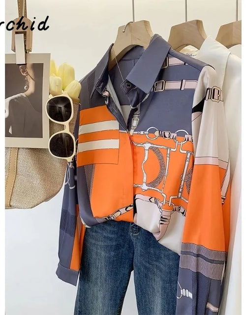 Load image into Gallery viewer, Luxury Brand Design  Silk Orange Grey 2025 Summer Long Sleeves Shirt For Women
