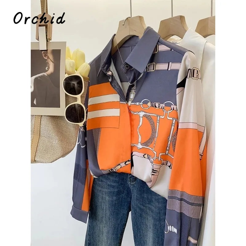 Luxury Brand Design  Silk Orange Grey 2025 Summer Long Sleeves Shirt For Women