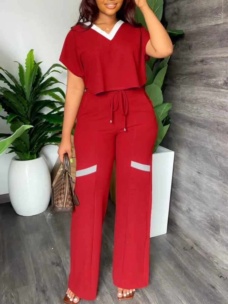 Elegant Women's Casual Short Sleeve T-shirt Sports Suit Summer Fashion Solid V Neck Short Top & Straight Pants Two Piece Sets