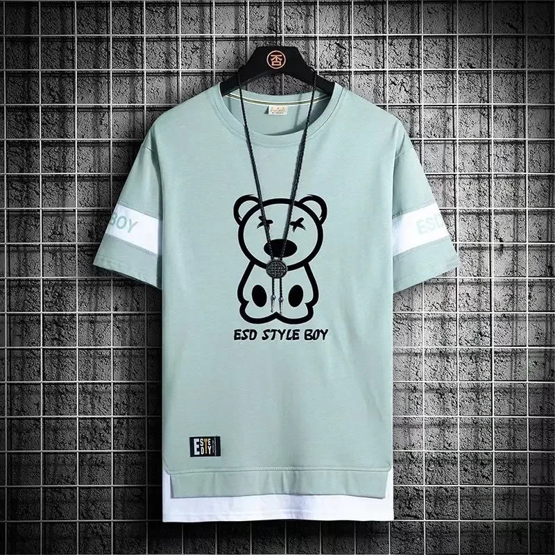 Men's Oversize T-Shirt Short Sleeve Korean Style Streetwear Harajuku Print Casual O-Neck Polyester Top for Spring And Summer