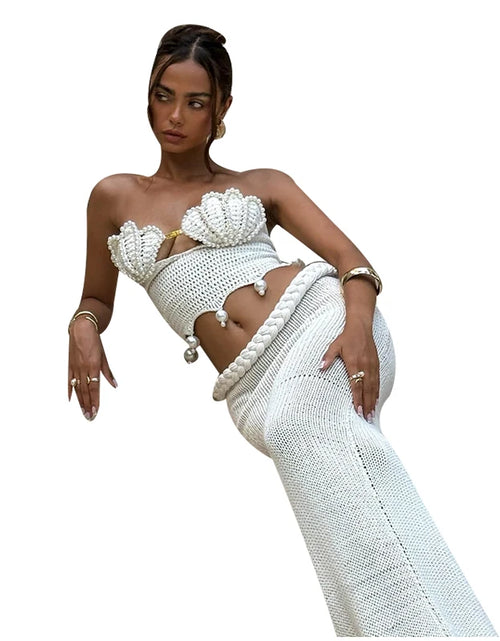 Load image into Gallery viewer, Crochet Knitted Pearl Bra Skirt Set ,Backless Hollow Out Short Top Twists Long Skirt
