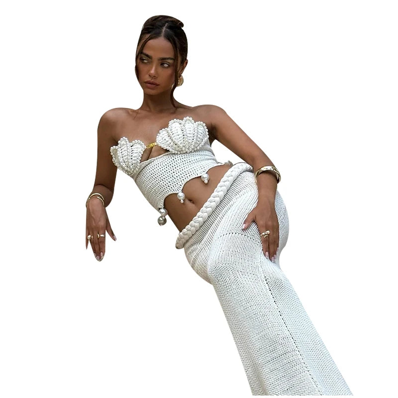 Crochet Knitted Pearl Bra Skirt Set ,Backless Hollow Out Short Top Twists Long Skirt