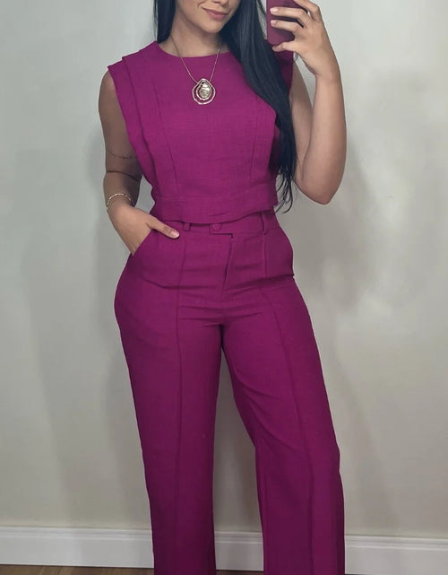 Load image into Gallery viewer, 2025 Spring 2 Pieces Round Neck Cap Sleeve Crop Top and Casual Pocket Design Straight Pants Set
