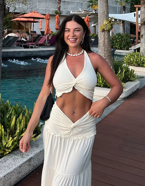 Load image into Gallery viewer, Cute new Pleated Matching Women 2 Piece Solid Sexy Ruffle Halter V-neck Crop Tank , Cross High Waist Skirt
