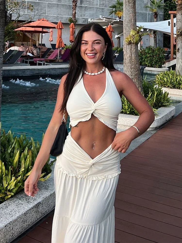 Cute new Pleated Matching Women 2 Piece Solid Sexy Ruffle Halter V-neck Crop Tank , Cross High Waist Skirt