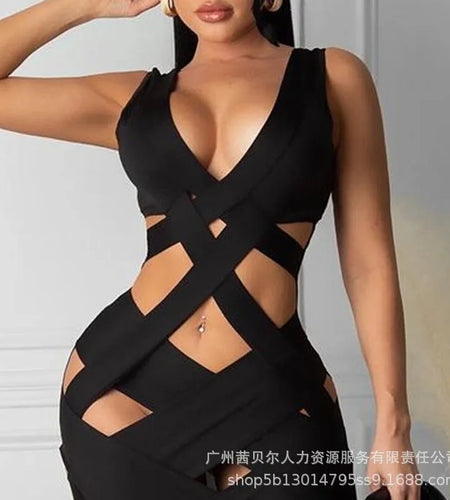 Sleeveless Tight Dress Hollow Out Sheath Mini Black Sexy Bodycon Dress Women