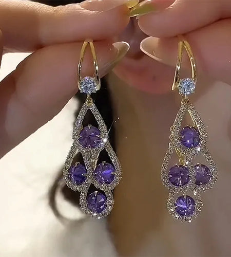 Purple Crystal Water Drop Long Tassel Earrings Women Design Sparkling