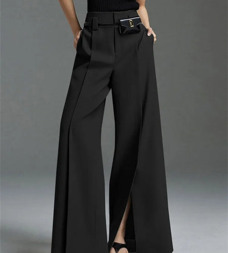 Urban Female Suit Pants Fashion Black White Color Loose Straight Pant High-Waisted Pleated Split-Front Trousers