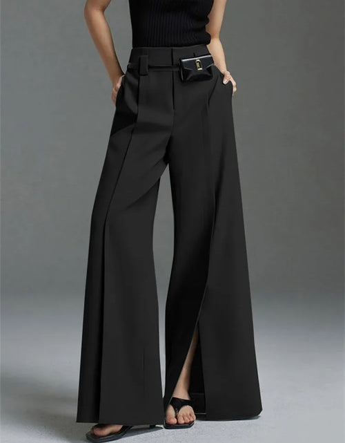 Load image into Gallery viewer, Urban Female Suit Pants Fashion Black White Color Loose Straight Pant High-Waisted Pleated Split-Front Trousers
