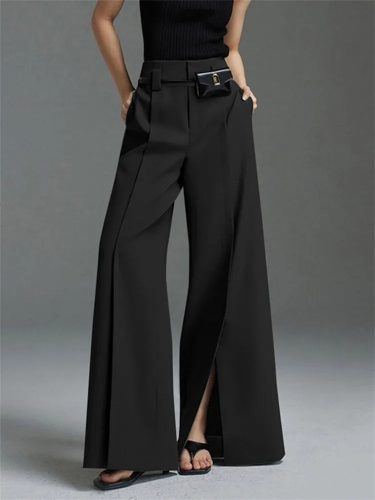 Urban Female Suit Pants Fashion Black White Color Loose Straight Pant High-Waisted Pleated Split-Front Trousers