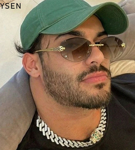 Vintage Rimless Oval Punk Sunglasses for Men Leopard Head Frameless UV400 Gradient Lens Hip Hop Outdoor Shades Luxury Designer Eyewear