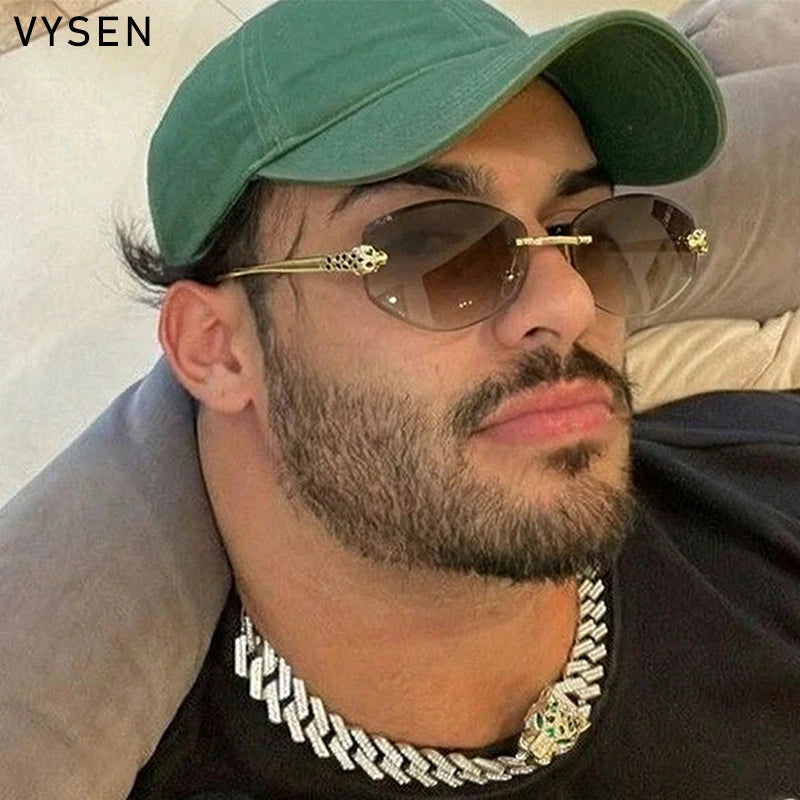 Vintage Rimless Oval Punk Sunglasses for Men Leopard Head Frameless UV400 Gradient Lens Hip Hop Outdoor Shades Luxury Designer Eyewear