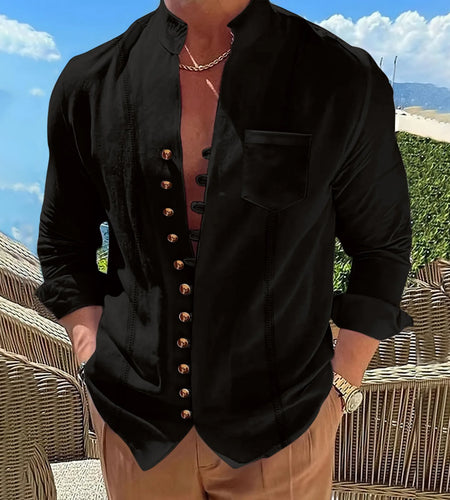 Men's new cotton and linen pocket retro stand-up collar long-sleeved shirt Casual multi-button solid color