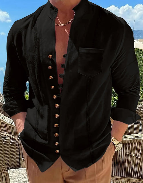 Load image into Gallery viewer, Men's new cotton and linen pocket retro stand-up collar long-sleeved shirt Casual multi-button solid color
