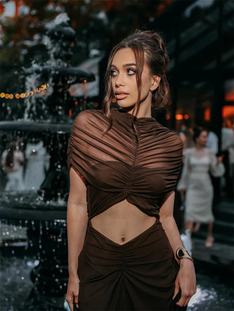 Hollow Out Short Sleeve Sexy Maxi Dress Women Fashion O Neck  High Waist Bodycon Club Party Long Dress