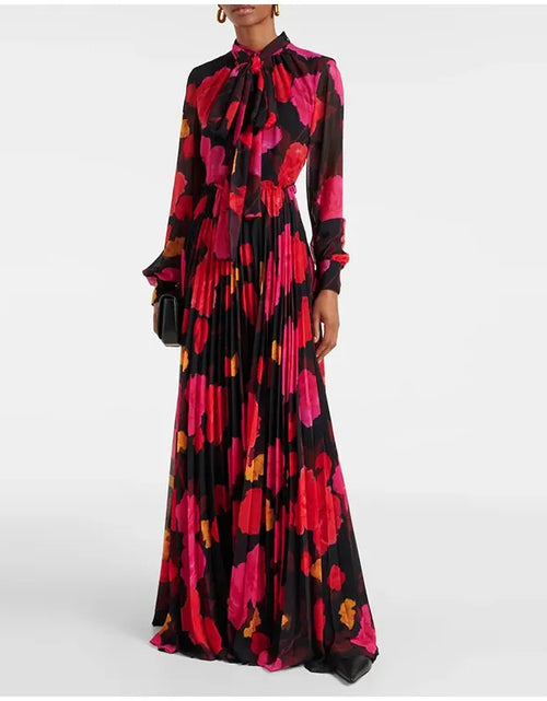 Load image into Gallery viewer, Women Elegant Flower Print Maxi Dress Fashion Lace-up Collar Long Lantern Sleeve
