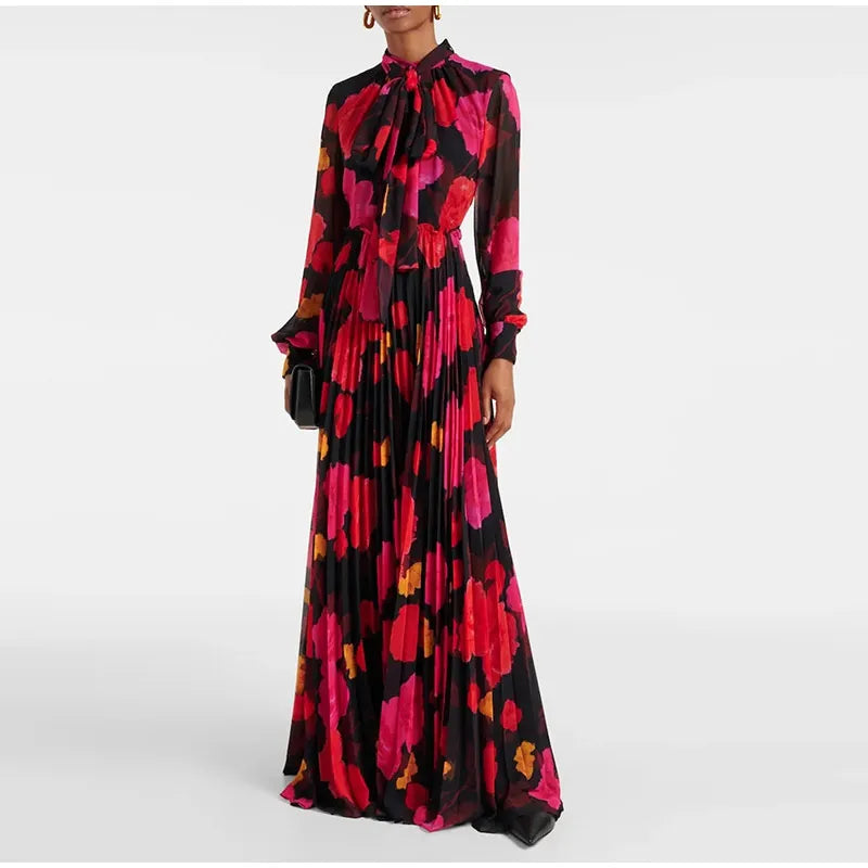 Women Elegant Flower Print Maxi Dress Fashion Lace-up Collar Long Lantern Sleeve