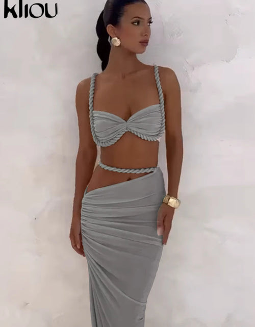 Load image into Gallery viewer, Woven Sexy Women 2 Piece Set Stunning Hot Solid Pleated Crop Camisoles High Waist Maxi Skirt
