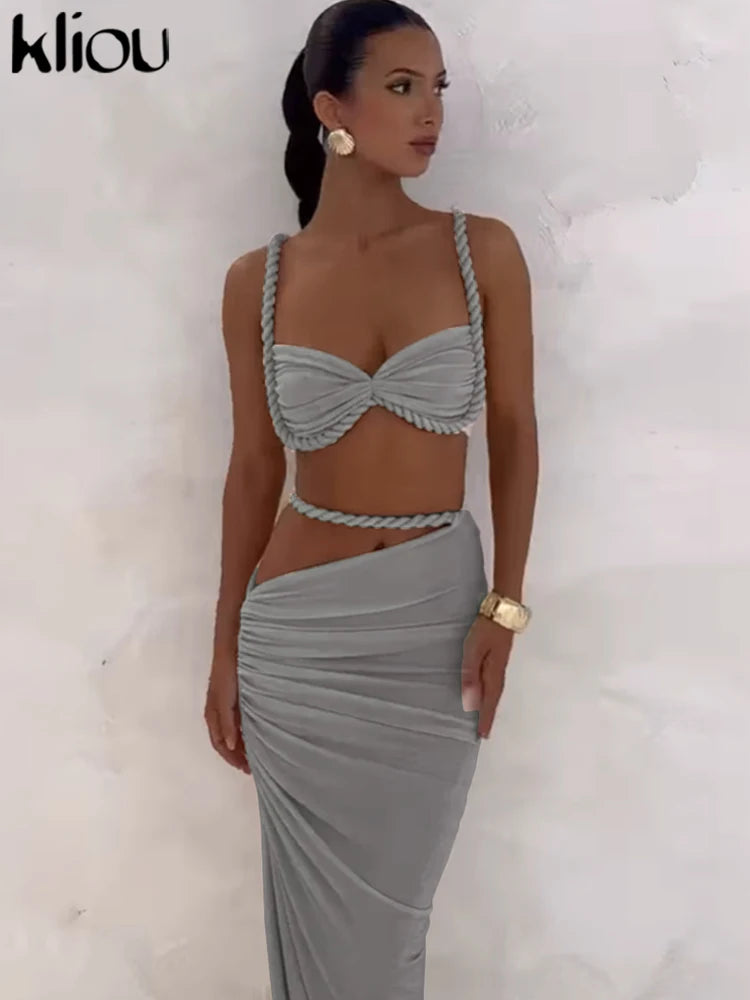 Woven Sexy Women 2 Piece Set Stunning Hot Solid Pleated Crop Camisoles High Waist Maxi Skirt