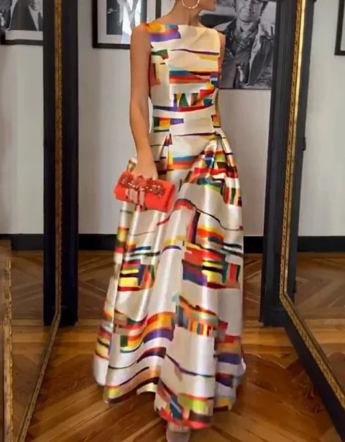 Load image into Gallery viewer, Elegant Printed O-Neck Evening Dress Sexy Hollow Sleeveless Waist Tank Dress New Casual Pleated Long Dress

