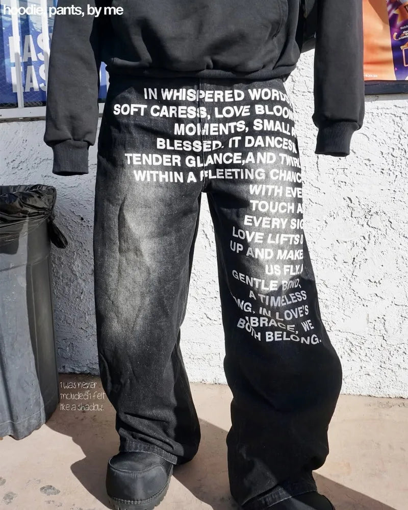 Men Jeans vintage American Pattern letter jeans streetwear Fashion Casual wide leg jeans