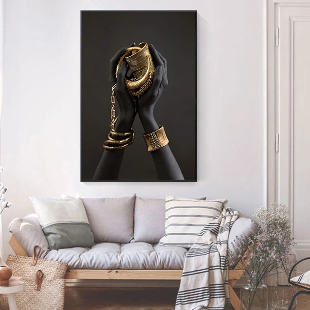 African Art Black and Gold Hand With Gold Gesture Canvas Painting Poster and Prints Wall Art Pictures for Living Room Home Decor