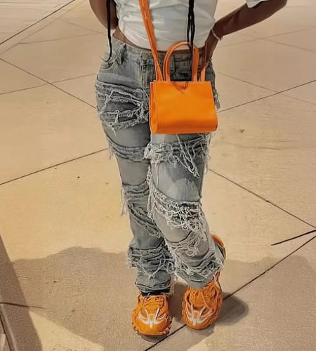 Ripped Washed Patchwork Tassel Jeans, New Fashion Leisure Straight Barrel Long Jeans