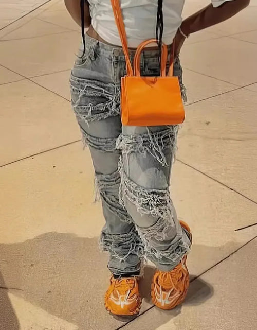 Load image into Gallery viewer, Ripped Washed Patchwork Tassel Jeans, New Fashion Leisure Straight Barrel Long Jeans
