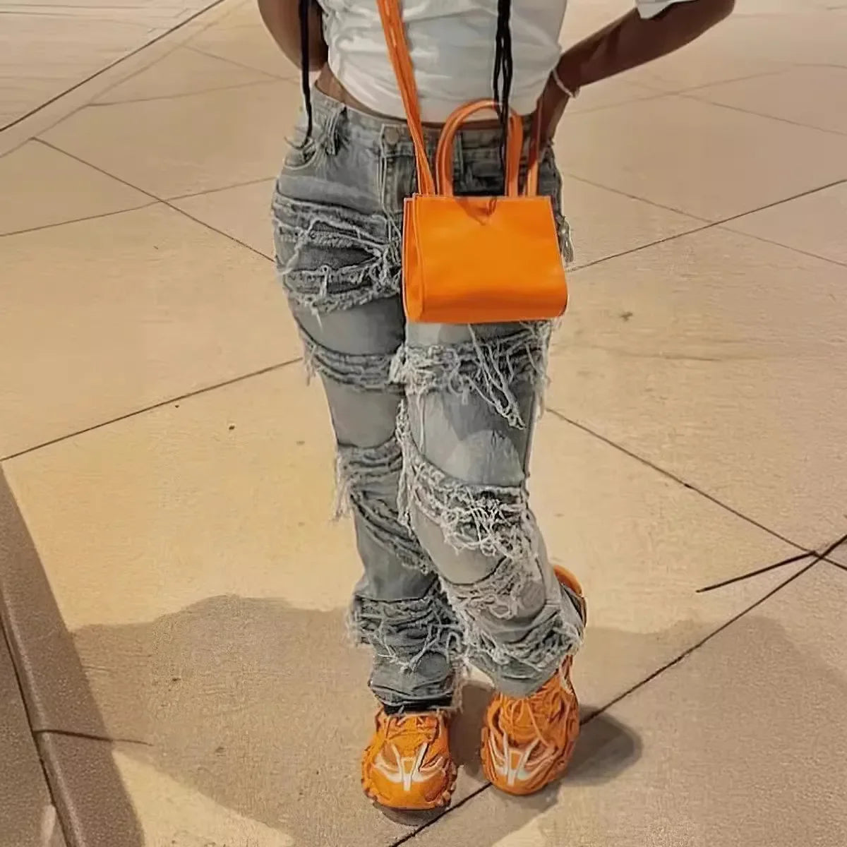 Ripped Washed Patchwork Tassel Jeans, New Fashion Leisure Straight Barrel Long Jeans