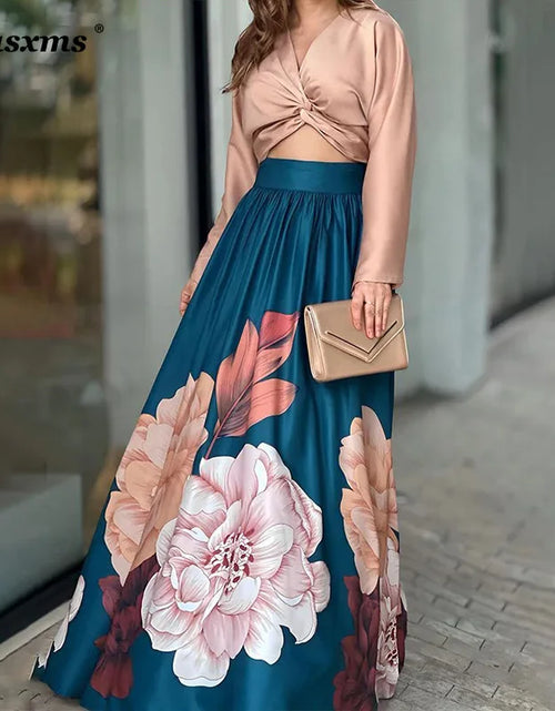Load image into Gallery viewer, Women Long-Sleeved Flower Print Shirt + Long Elegant Dress combo Lady Two-Piece Leisure Set
