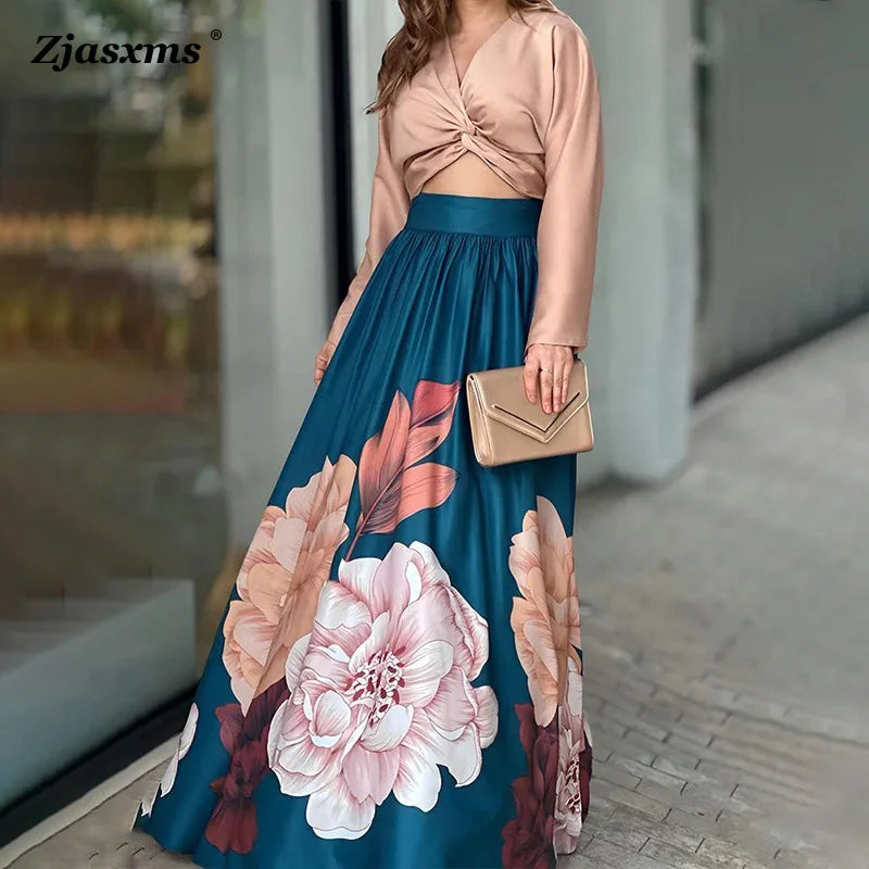 Women Long-Sleeved Flower Print Shirt + Long Elegant Dress combo Lady Two-Piece Leisure Set