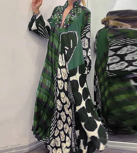 Elegant Bo Ho Pattern Print Women Maxi Dress  V Neck, Long Dress with Long Sleeves and Pockets