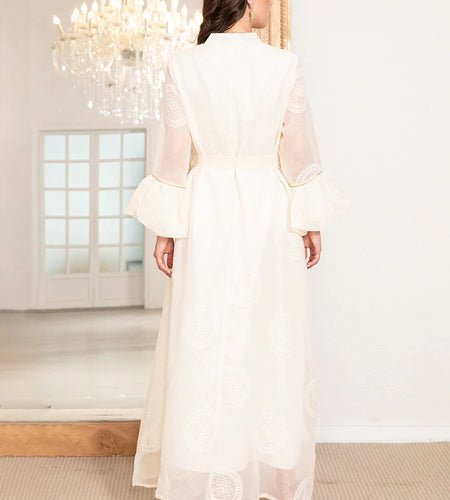 Elegant High Neck  Thobe Dress with Polka Dot Jacquard Embroidery & Lantern Sleeves, Modern Traditional Design