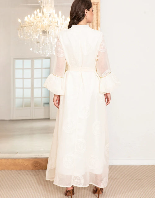 Load image into Gallery viewer, Elegant High Neck  Thobe Dress with Polka Dot Jacquard Embroidery &amp; Lantern Sleeves, Modern Traditional Design
