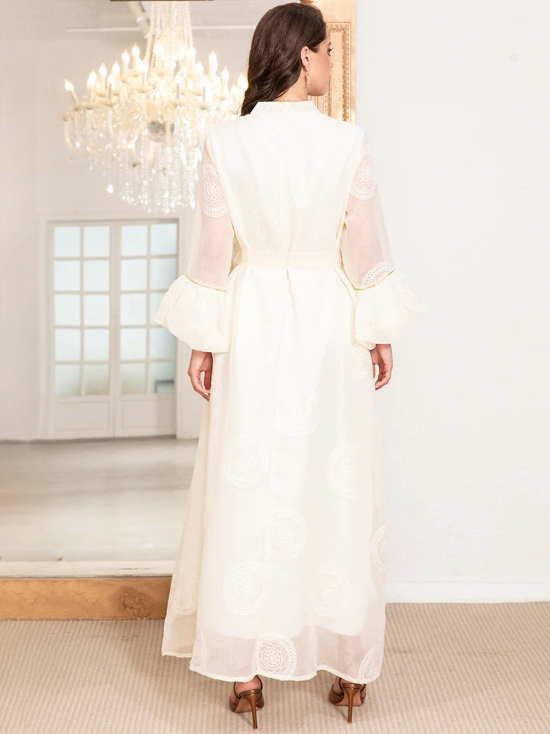 Elegant High Neck  Thobe Dress with Polka Dot Jacquard Embroidery & Lantern Sleeves, Modern Traditional Design