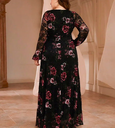 Spring Summer Lace Mesh Floral Print Lantern Sleeve Dress New Plus Size