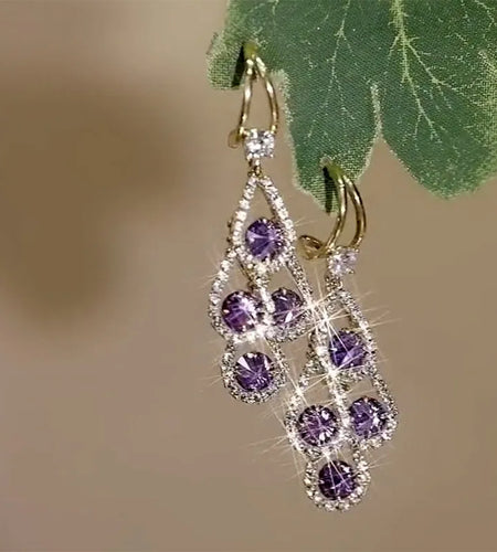 Purple Crystal Water Drop Long Tassel Earrings Women Design Sparkling